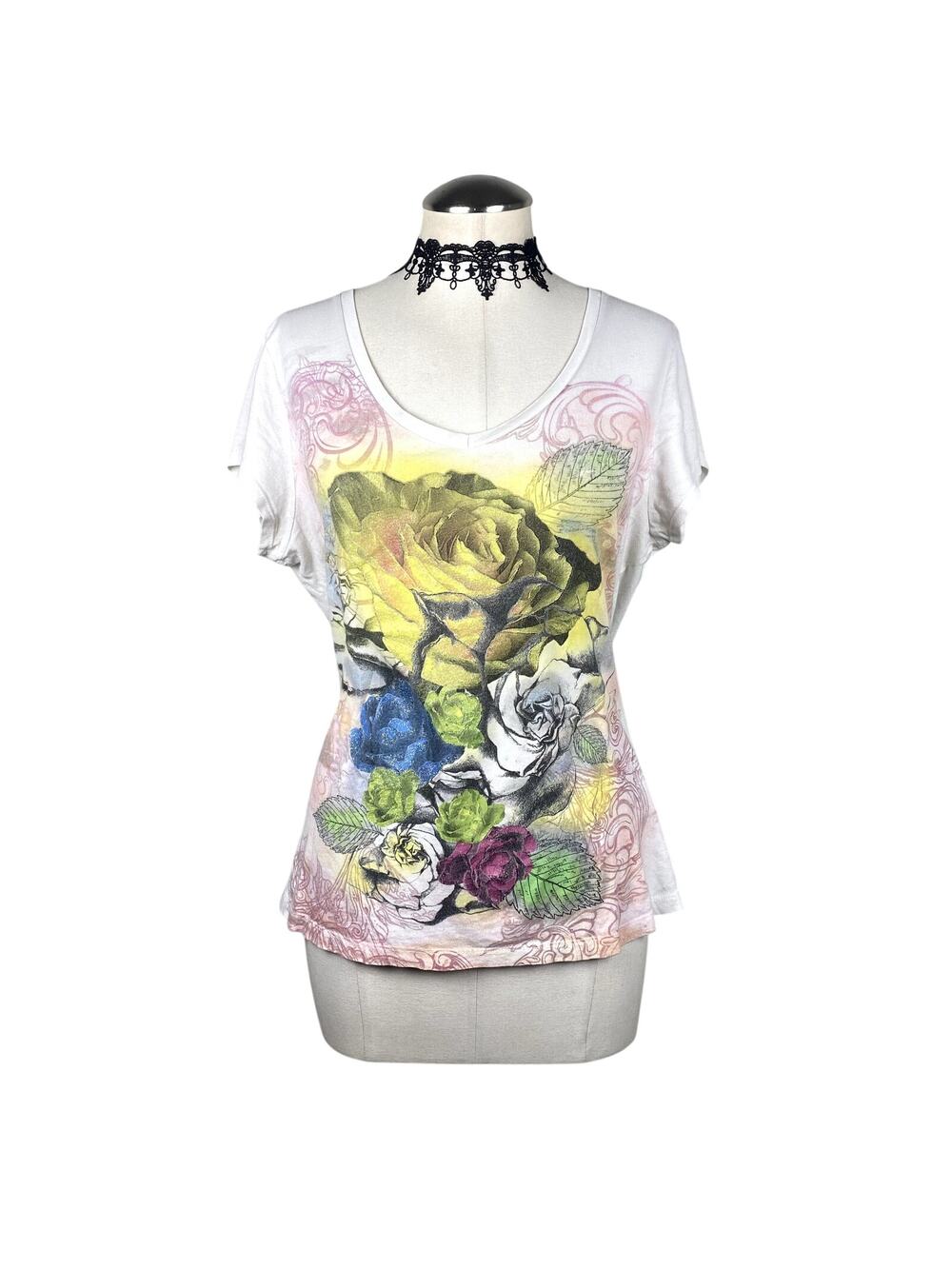 Vtg Y2K Jerry Leigh Rose Glitter Mallgoth Grunge Alt Biker Floral Emo Tattoo Tee